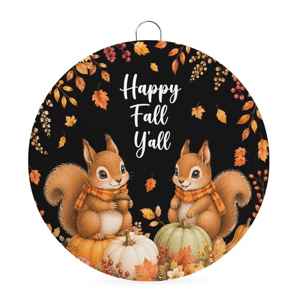 Welcome Sign for Front Door, Thanksgiving Round Metal Wall Art Wreaths, Fall Squirrel Pumpkins Fall Rustic Black Outdoor Indoor Wall Hanging Sign for Porch Decor Housewarming Gifts 7.9 Inch