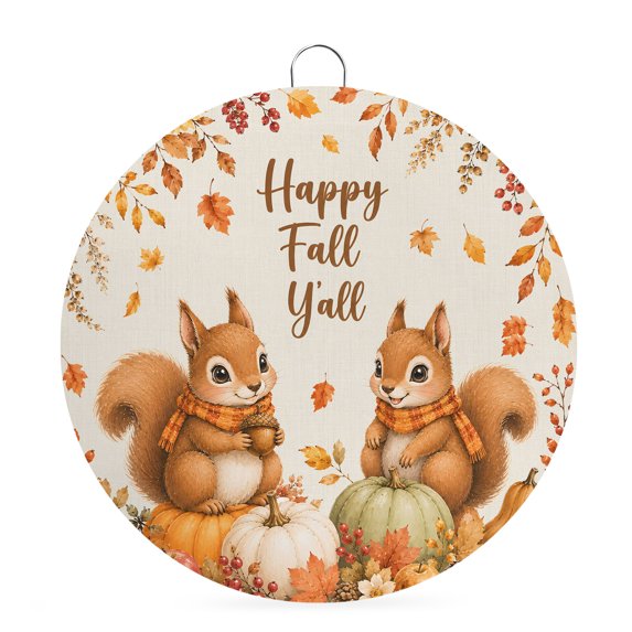 Welcome Sign for Front Door, Thanksgiving Round Metal Wall Art Wreaths, Fall Squirrel Pumpkins Fall Rustic Leaves Outdoor Indoor Wall Hanging Sign for Porch Decor Housewarming Gifts 7.9 Inch