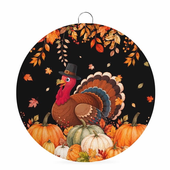 Welcome Sign for Front Door, Thanksgiving Round Metal Wall Art Wreaths, Fall Turkey Pumpkin Maple Leaves Black Outdoor Indoor Wall Hanging Sign for Porch Decor Housewarming Gifts 5.9 Inch
