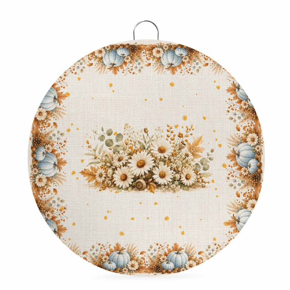 Welcome Sign for Front Door, Thanksgiving Round Metal Wall Art Wreaths, Fall Vintage Blue Pumpkin Flowers Leaves Outdoor Indoor Wall Hanging Sign for Porch Decor Housewarming Gifts 5.9 Inch