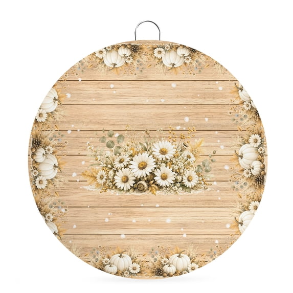 Welcome Sign for Front Door, Thanksgiving Round Metal Wall Art Wreaths, Fall White Pumpkin Daisy Leaves Wooden Outdoor Indoor Wall Hanging Sign for Porch Decor Housewarming Gifts 7.9 Inch