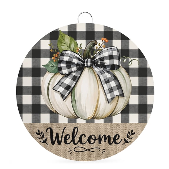 Welcome Sign for Front Door, Thanksgiving Round Metal Wall Art Wreaths, Fall White Pumpkin Leaves Black Plaid Outdoor Indoor Wall Hanging Sign for Porch Decor Housewarming Gifts 7.9 Inch