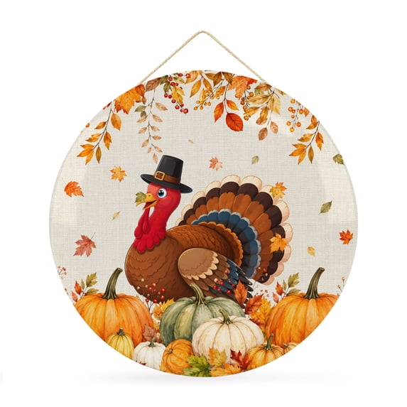 Welcome Sign for Front Door, Thanksgiving Round Metal Wall Art Wreaths, Farmhouse Fall Turkey Pumpkin Maple Leaves Outdoor Indoor Wall Hanging Sign for Porch Decor Housewarming Gifts 11.8 Inch