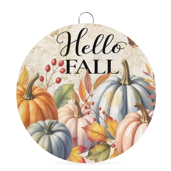 Welcome Sign for Front Door, Thanksgiving Round Metal Wall Art Wreaths, Pink Orange Blue Fall Pumpkin Fruit Butterfly Outdoor Indoor Wall Hanging Sign for Porch Decor Housewarming Gifts 7.9 Inch