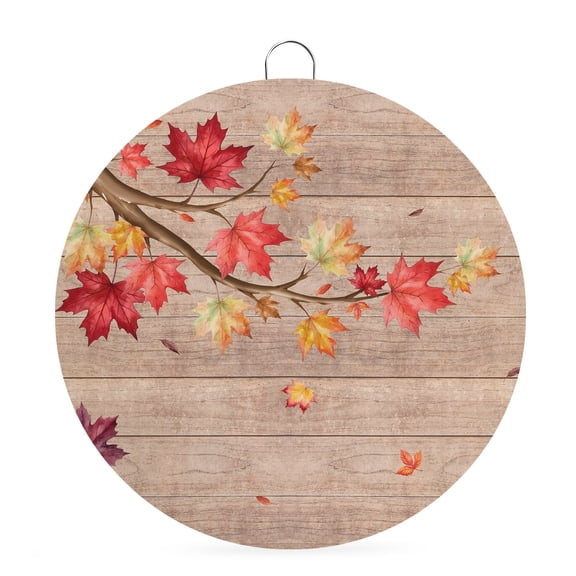 Welcome Sign for Front Door, Thanksgiving Round Metal Wall Art Wreaths, Vintage Fall Orange Maple Leaves Wooden Outdoor Indoor Wall Hanging Sign for Porch Decor Housewarming Gifts 7.9 Inch