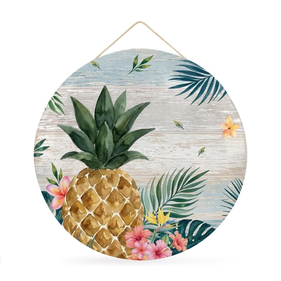 Welcome Sign for Front Door, Tropical Pineapple Round Metal Wall Art Wreaths, Beach Palm Leaf Flowers Wood Grain Outdoor Indoor Wall Hanging Sign for Porch Decor Housewarming Gifts 11.8 Inch