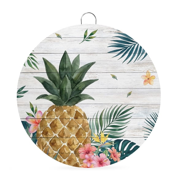 Welcome Sign for Front Door, Tropical Pineapple Round Metal Wall Art Wreaths, Farmhouse Summer Palm Leaves Wooden Outdoor Indoor Wall Hanging Sign for Porch Decor Housewarming Gifts 5.9 Inch