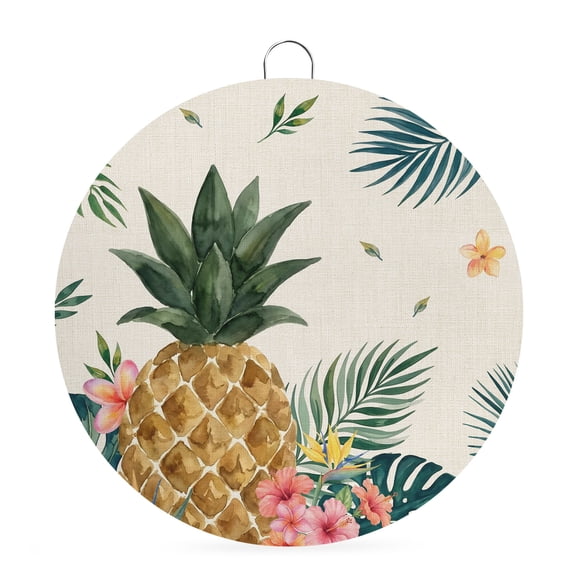 Welcome Sign for Front Door, Tropical Pineapple Round Metal Wall Art Wreaths, Rustic Summer Fruit Palm Leaves Floral Outdoor Indoor Wall Hanging Sign for Porch Decor Housewarming Gifts 5.9 Inch