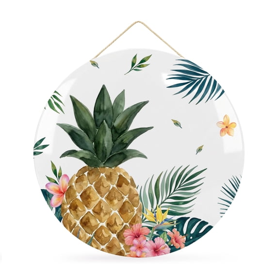 Welcome Sign for Front Door, Tropical Pineapple Round Metal Wall Art Wreaths, Watercolor Fruit Palm Leaves Floral Outdoor Indoor Wall Hanging Sign for Porch Decor Housewarming Gifts 11.8 Inch