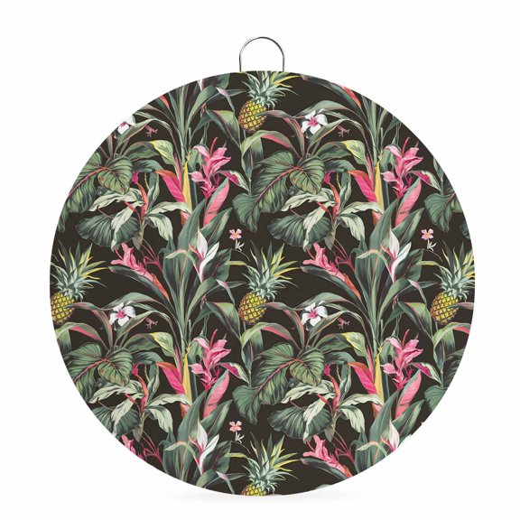 Welcome Sign for Front Door,Tropical Pineapple Round Metal Welcome Front Porch Decoration,Pink Green Botanical Leaves Entryway Wall Hanging Sign for Living Room Kitchen Hallway Housewarming Gift 6''