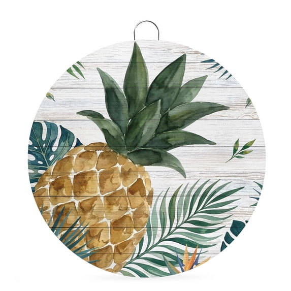 Welcome Sign for Front Door, Tropical Plants Round Metal Wall Art Wreaths, Beach Pineapple Palm Leaves Wood Plank Outdoor Indoor Wall Hanging Sign for Porch Decor Housewarming Gifts 7.9 Inch