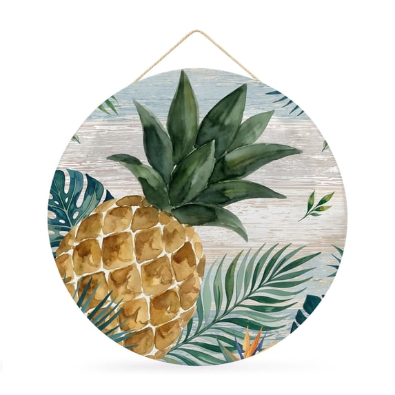 Welcome Sign for Front Door, Tropical Plants Round Metal Wall Art Wreaths, Botanical Pineapple Palm Leaf Wood Grain Outdoor Indoor Wall Hanging Sign for Porch Decor Housewarming Gifts 11.8 Inch