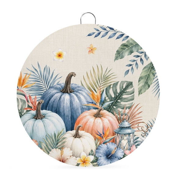 Welcome Sign for Front Door, Tropical Plants Round Metal Wall Art Wreaths, Summer Fall Pumpkins Palm Leaves Beige Outdoor Indoor Wall Hanging Sign for Porch Decor Housewarming Gifts 5.9 Inch