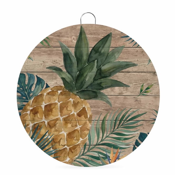 Welcome Sign for Front Door, Tropical Plants Round Metal Wall Art Wreaths, Summer Pineapple Palm Leaf Brown Wood Plank Outdoor Indoor Wall Hanging Sign for Porch Decor Housewarming Gifts 5.9 Inch