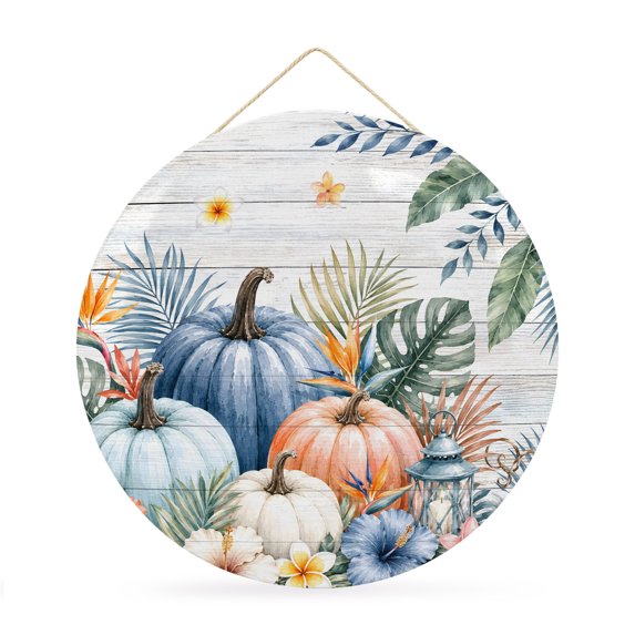 Welcome Sign for Front Door, Tropical Pumpkins Plants Round Metal Wall Art Wreaths, Fall Palm Leaves Flower Wood Grain Outdoor Indoor Wall Hanging Sign for Porch Decor Housewarming Gifts 11.8 Inch