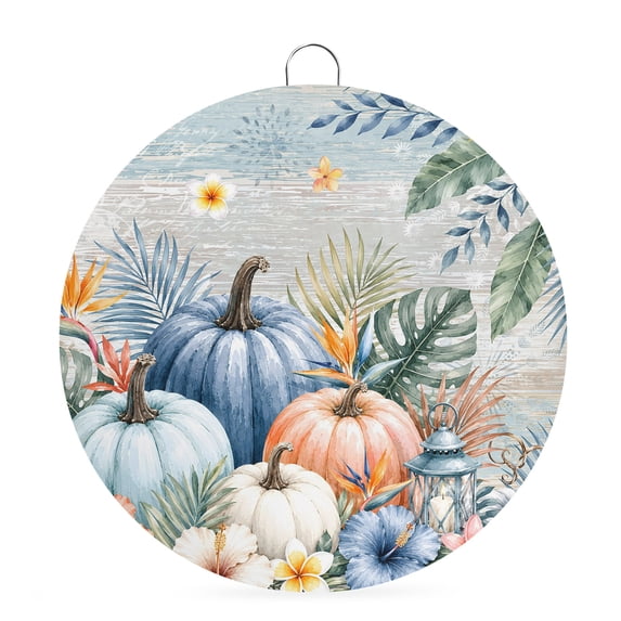 Welcome Sign for Front Door, Tropical Pumpkins Plants Round Metal Wall Art Wreaths, Fall Palm Leaves Flowers Blue Outdoor Indoor Wall Hanging Sign for Porch Decor Housewarming Gifts 5.9 Inch