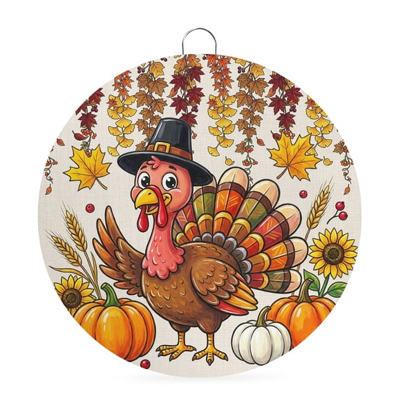 Welcome Sign for Front Door, Turkey Pumpkins Thanksgiving Round Metal Wall Art Wreaths, Fall Leaves Floral Rustic Outdoor Indoor Wall Hanging Sign for Porch Decor Housewarming Gifts 7.9 Inch