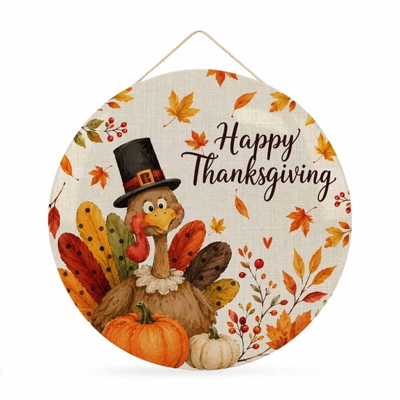 Welcome Sign for Front Door, Turkey Thanksgiving Round Metal Wall Art Wreaths, Fall Pumpkins Leaves Rustic Outdoor Indoor Wall Hanging Sign for Porch Decor Housewarming Gifts 11.8 Inch