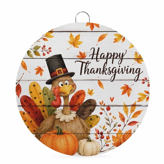 Welcome Sign for Front Door, Turkey Thanksgiving Round Metal Wall Art Wreaths, Fall Wooden Pumpkins Berry Outdoor Indoor Wall Hanging Sign for Porch Decor Housewarming Gifts 5.9 Inch