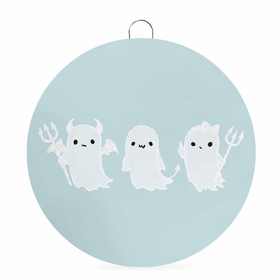 Welcome Sign for Front Door, Turquoise Halloween Round Metal Wall Art Wreaths, Funny Ghost Cute Cartoon Spooky Outdoor Indoor Wall Hanging Sign for Porch Decor Housewarming Gifts 5.9 Inch