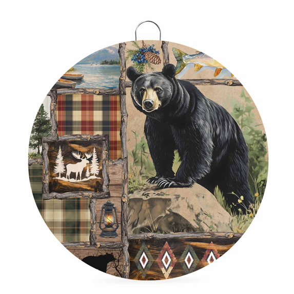 Welcome Sign for Front Door,Vintage Black Bears Round Metal Welcome Front Porch Decoration,Abstract Country Plaid Fish Retro Wall Hanging Sign for Living Room Kitchen Hallway Housewarming Gift 6''