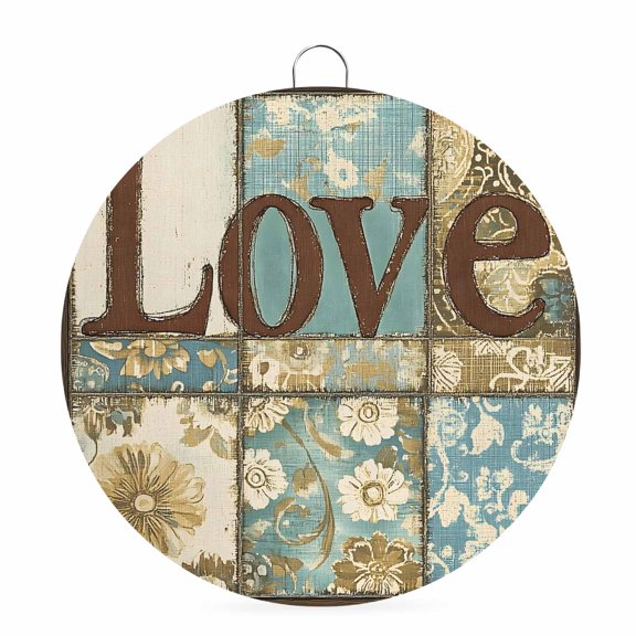 Welcome Sign for Front Door,Vintage Floral Check Round Metal Welcome Front Porch Decoration,Blue Yellow Love Buffalo Plaid Wall Hanging Sign for Living Room Kitchen Hallway Housewarming Gift 6''