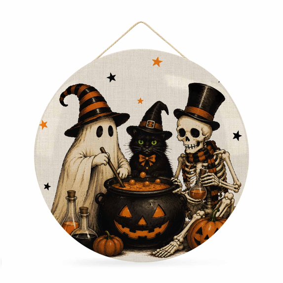Welcome Sign for Front Door, Vintage Halloween Round Metal Wall Art Wreaths, Funny Ghost Black Cat Skull Outdoor Indoor Wall Hanging Sign for Porch Decor Housewarming Gifts 11.8 Inch