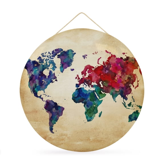 Welcome Sign for Front Door,Vintage Map Round Metal Welcome Front Porch Decoration,Travel World Map Watercolor Splashes Wall Hanging Sign for Living Room Kitchen Hallway Housewarming Gift 12''