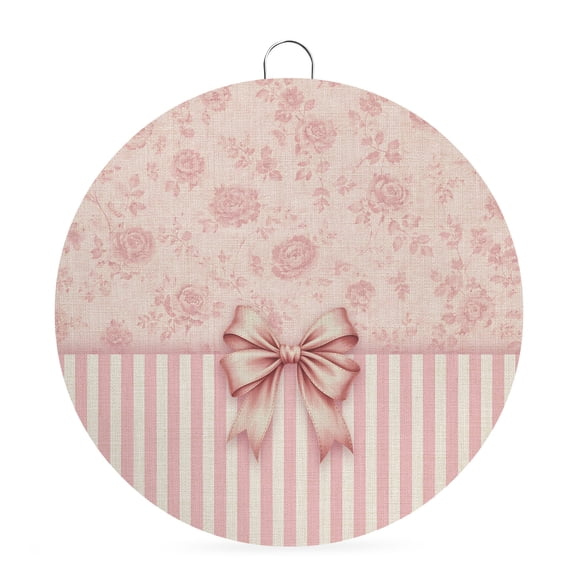 Welcome Sign for Front Door, Vintage Pink Bow Round Metal Wall Art Wreaths, Farmhouse Roses Floral Stripes Outdoor Indoor Wall Hanging Sign for Porch Decor Housewarming Gifts 5.9 Inch