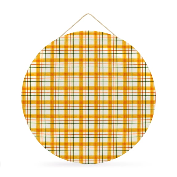 Welcome Sign for Front Door, Vintage Plaid Round Metal Wall Art Wreaths, Orange Farmhouse Checkered Rustic Stripes Outdoor Indoor Wall Hanging Sign for Porch Decor Housewarming Gifts 11.8 Inch
