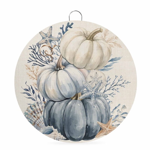 Welcome Sign for Front Door, Vintage Pumpkins Fall Round Metal Wall Art Wreaths, Thanksgiving Coastal Botanical Rustic Outdoor Indoor Wall Hanging Sign for Porch Decor Housewarming Gifts 7.9 Inch