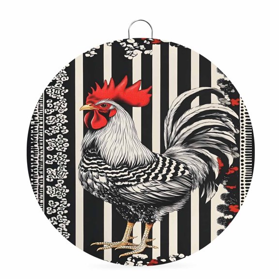 Welcome Sign for Front Door,Vintage Rooster Round Metal Welcome Front Porch Decoration,Black White Striped Watercolor Entryway Wall Hanging Sign for Living Room Kitchen Hallway Housewarming Gift 6''