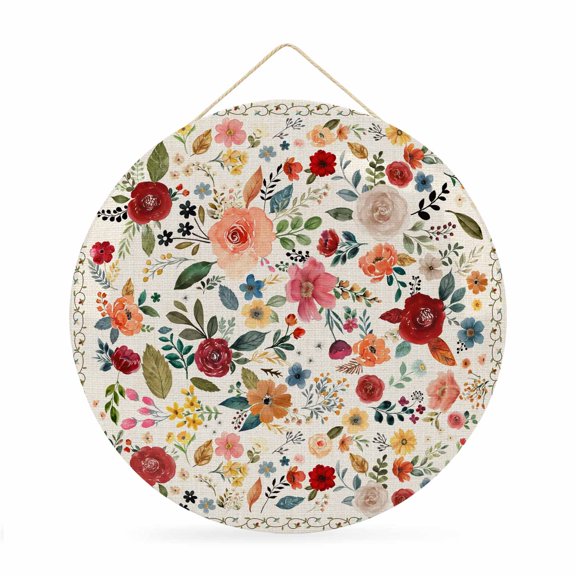 Welcome Sign for Front Door,Watercolor Flowers Round Metal Welcome Front Porch Decoration,Rustic Spring Floral Botanical Beige Wall Hanging Sign for Living Room Kitchen Hallway Housewarming Gift 12''
