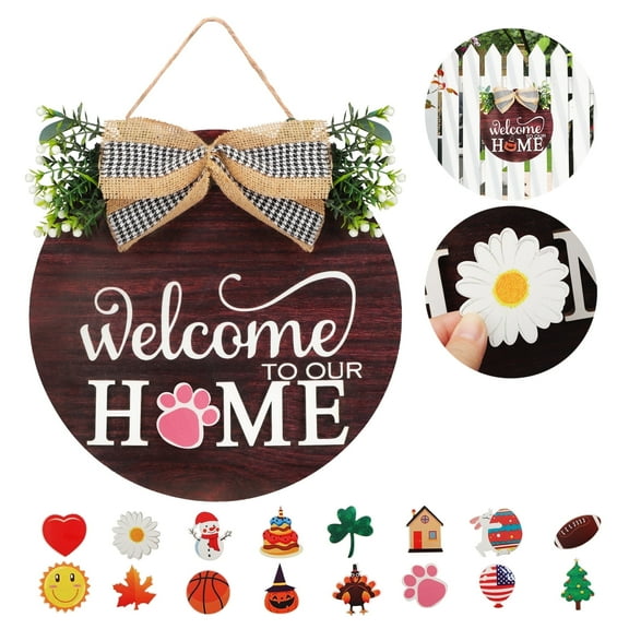 Welcome Sign for Front Door, WeGuard Interchangeable Welcome Sign with Wreaths & 16 Interchangeable Icons, Rustic Wooden Welcome Home Sign - Perfect for Farmhouse Decor and Housewarming Gifts