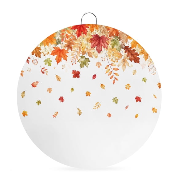 Welcome Sign for Front Door, Weeping Maple Leaves Fall Round Metal Wall Art Wreaths, Thanksgiving Botanical Outdoor Indoor Wall Hanging Sign for Porch Decor Housewarming Gifts 5.9 Inch