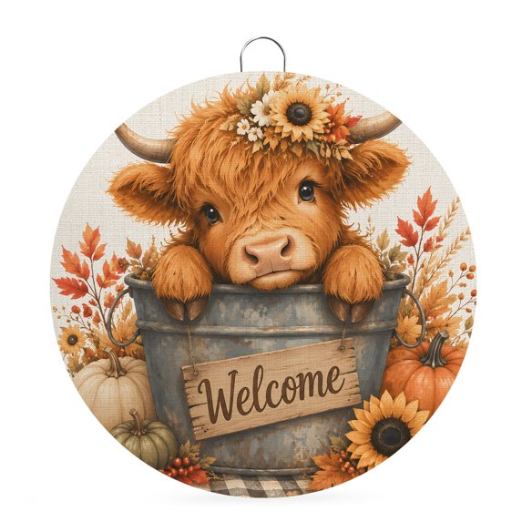 Welcome Sign for Front Door, Welcome Cute Round Metal Wall Art Wreaths, Thanksgiving Fall Pumpkins Botanical Outdoor Indoor Wall Hanging Sign for Porch Decor Housewarming Gifts 7.9 Inch