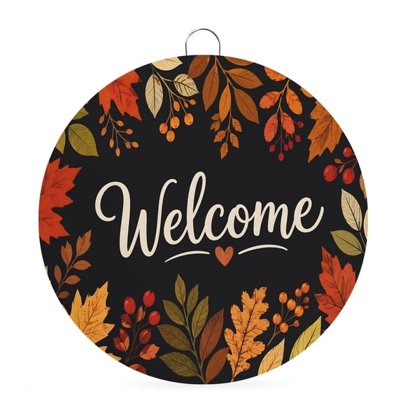 Welcome Sign for Front Door, Welcome Fall Round Metal Wall Art Wreaths, Autumn Thanksgiving Maple Leaf Black Outdoor Indoor Wall Hanging Sign for Porch Decor Housewarming Gifts 5.9 Inch