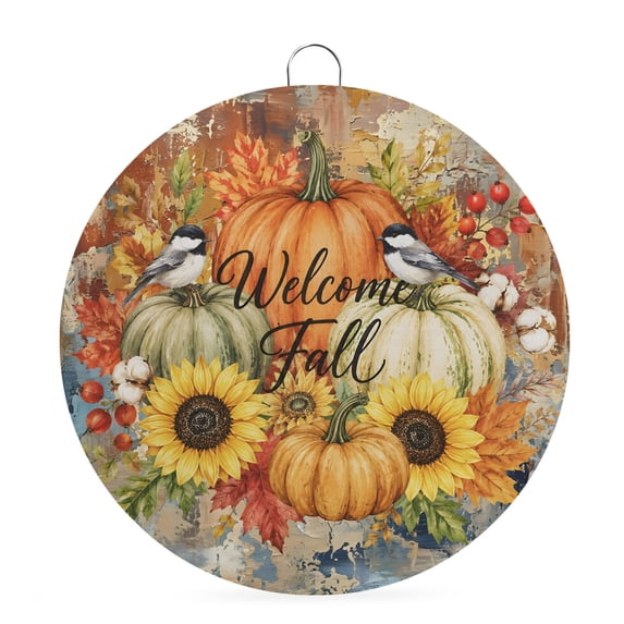 Welcome Sign for Front Door, Welcome Fall Round Metal Wall Art Wreaths, Vintage Sunflower Thanksgiving Pumpkins Outdoor Indoor Wall Hanging Sign for Porch Decor Housewarming Gifts 7.9 Inch