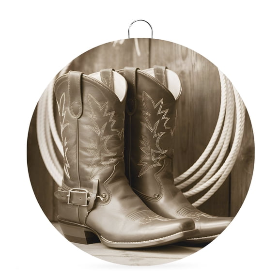 Welcome Sign for Front Door,Western Cowboy Round Metal Welcome Front Porch Decor,Countryside Boots Retro Ropes Wooden Stripes Wall Hanging Sign for Living Room Kitchen Hallway Housewarming Gift 8''