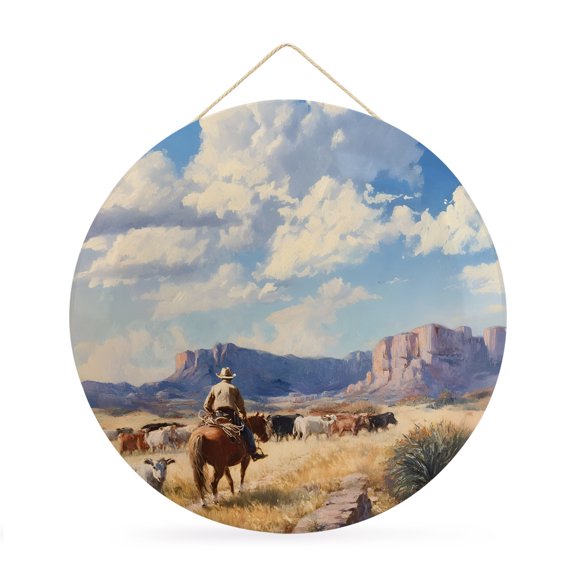 Welcome Sign for Front Door,Western Cowboys Round Metal Welcome Front Porch Decoration,Farmhouse Cow Mountain Nature Scenery Wall Hanging Sign for Living Room Kitchen Hallway Housewarming Gift 12''