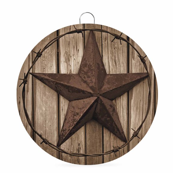 Welcome Sign for Front Door, Western Star Retro Round Metal Welcome Front Porch Decoration, Brown Vintage Wood Grain Entryway Wall Hanging Sign for Living Room Kitchen Hallway Housewarming Gift 6''