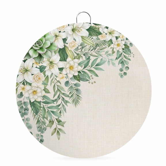 Welcome Sign for Front Door, White Lilies Round Metal Wall Art Wreaths, Succulents Green Leaf Rustic Botanical Beige Outdoor Indoor Wall Hanging Sign for Porch Decor Housewarming Gifts 5.9 Inch
