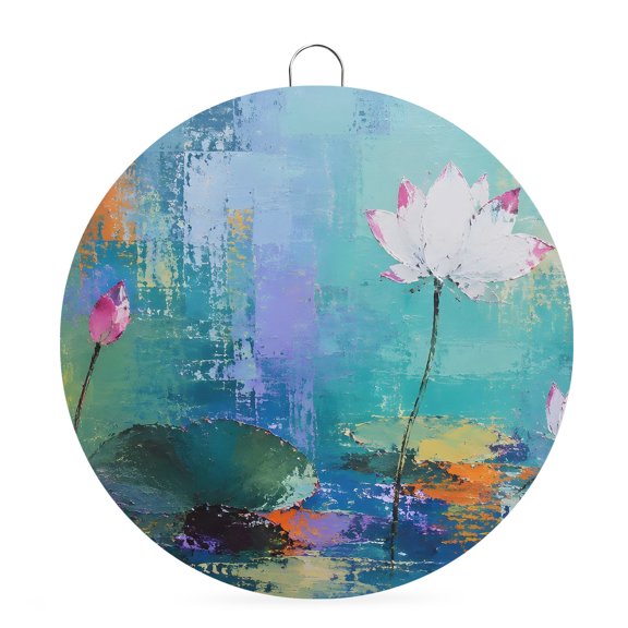 Welcome Sign for Front Door, White Lotus Round Metal Wall Art Wreaths, Vintage Blooming Flower Leaf Abstract Mottled Art Outdoor Indoor Wall Hanging Sign for Porch Decor Housewarming Gifts 5.9 Inch