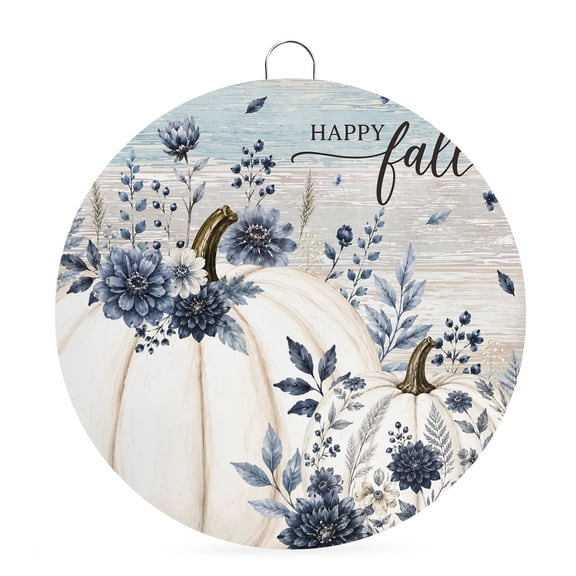 Welcome Sign for Front Door, White Pumpkins Fall Round Metal Wall Art Wreaths, Navy Blue Floral Thanksgiving Wooden Outdoor Indoor Wall Hanging Sign for Porch Decor Housewarming Gifts 7.9 Inch