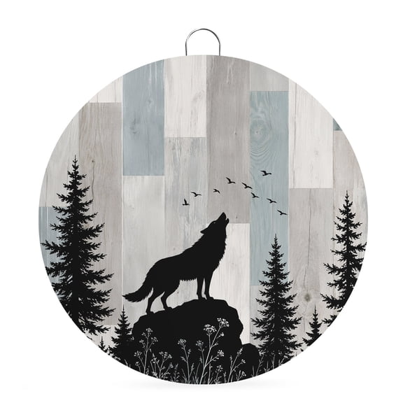 Welcome Sign for Front Door, Wild Wolf Round Metal Wall Art Wreaths, Farmhouse Forest Trees Wood Grain Blue Grey Outdoor Indoor Wall Hanging Sign for Porch Decor Housewarming Gifts 7.9 Inch