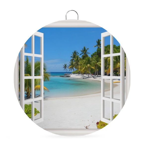 Welcome Sign for Front Door, Window Seascape Round Metal Wall Art Wreaths, Summer Beach Seaside Palm Trees Outdoor Indoor Wall Hanging Sign for Porch Decor Housewarming Gifts 5.9 Inch