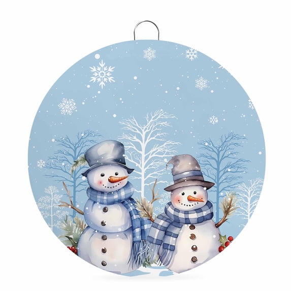 Welcome Sign for Front Door,Winter Blue Snowman Christmas Round Metal Welcome Front Porch Decoration,Snowflake Xmas Tree Wall Hanging Sign for Living Room Kitchen Hallway Housewarming Gift 6''