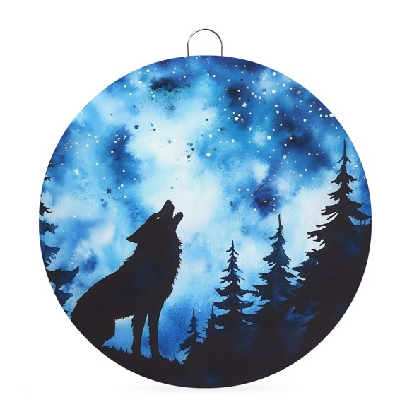 Welcome Sign for Front Door, Wolf Black Silhouette Round Metal Welcome Front Porch Decoration, Forest Starry Night Entryway Wall Hanging Sign for Living Room Kitchen Hallway Housewarming Gift 6''