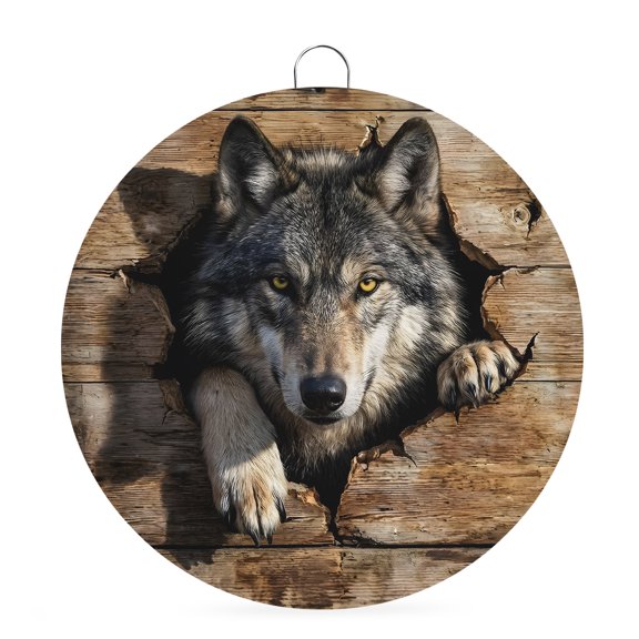 Welcome Sign for Front Door, Wolf Head Round Metal Welcome Front Porch Decoration, Wood Planks Animal Intense Eyes Entryway Wall Hanging Sign for Living Room Kitchen Hallway Housewarming Gift 6''