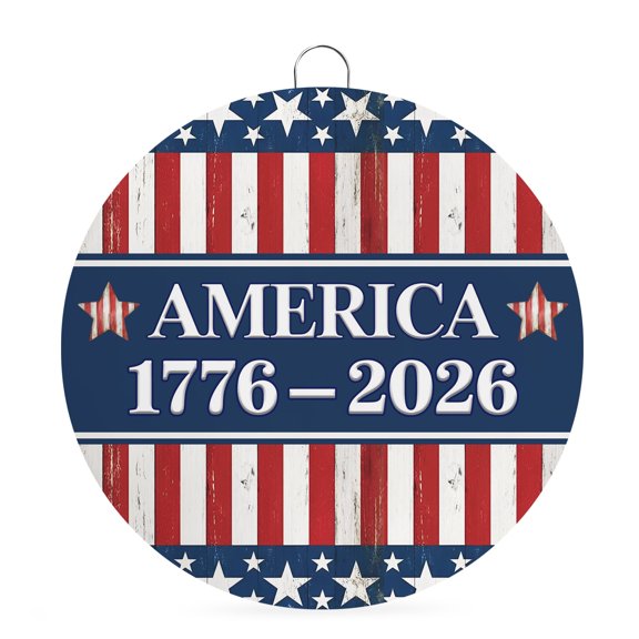 Welcome Sign for Front Door, Year American Anniversary Flag Round Metal Welcome Front Porch Decoration, Blue Red USA Entryway Wall Hanging Sign for Living Room Kitchen Hallway Housewarming Gift 6''